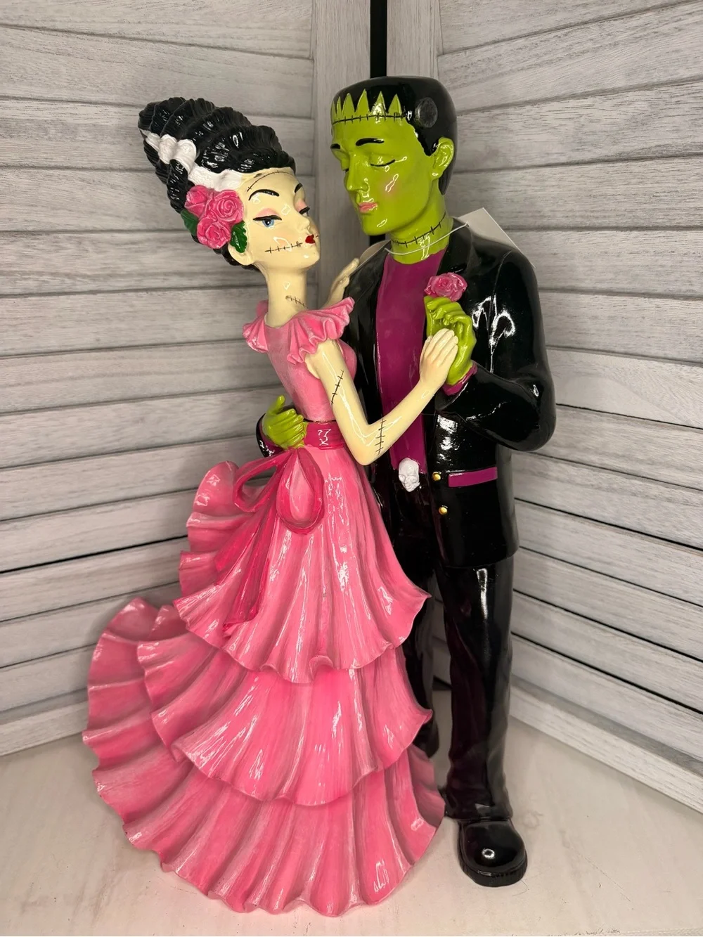 Dancing Pink Bride and Frankenstein Groom Figurine - Halloween Decor